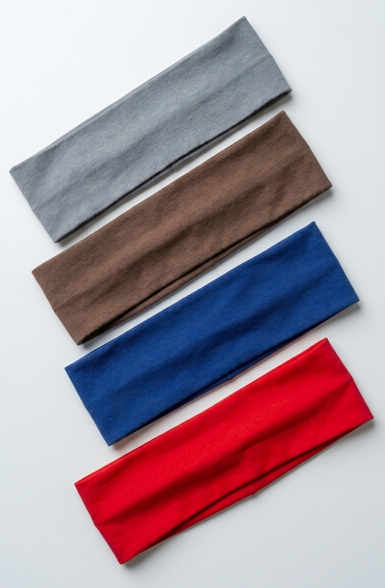 Four headbands in gray, brown, blue, and red on a light gray background